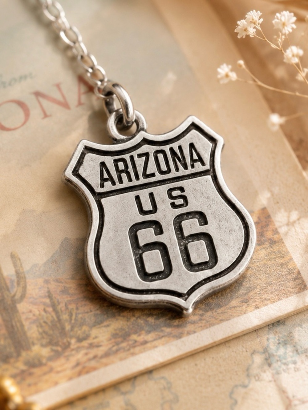 Vintage Route 66 Charm Sterling Silver Arizona US 66 Highway Shield Pendant